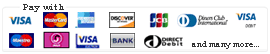 Visa, MasterCard, American Express, Discover, JCB, DinersClub Maestro, Solo, Visa Debit, Visa Electron, Direct Debit, Bank